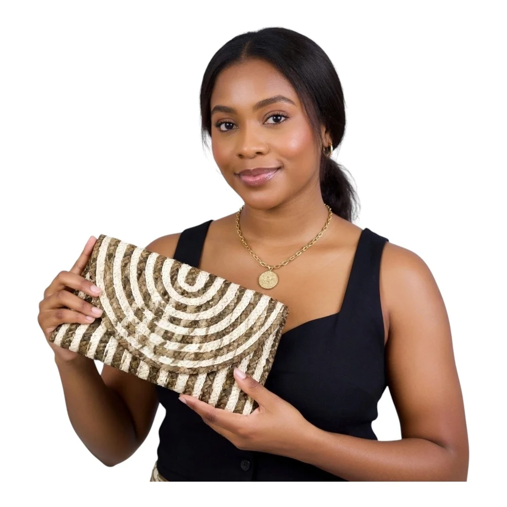 Chic Woven Straw Clutch Bag Brown Beige Stripe Curved Flap Beach Purse 11x6